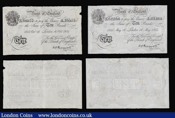 Ten Pounds Operation Bernhard WW2 German forgery   K.O. Peppiatt White Note  (3 ) B242 London 15 May 1935 serial number K147 62284 Good with centre split ,rust marks ,  London 16 October 1935  number  K/156 34437  VF,  London 16 October 1935 serial number K/156 34577  EF : English Banknotes : Auction 185 : Lot 163