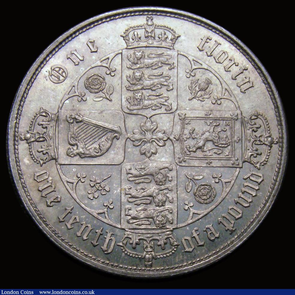 London Coins : A185 : Lot 1739 : Florin 1852 ESC 806, Bull 2820, Choice UNC with even gold tone, enhanced by touches of blue/green an...