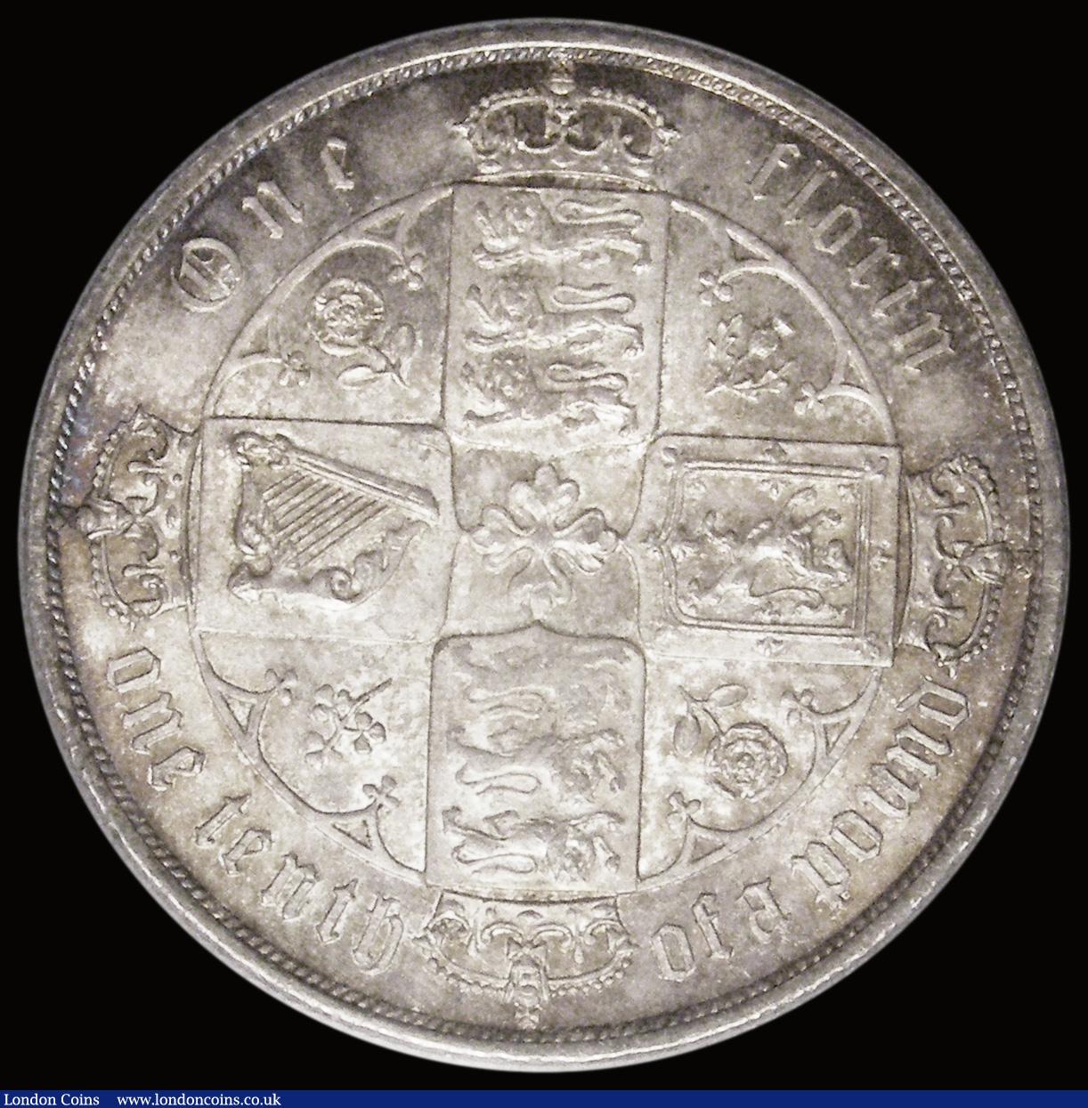 London Coins : A185 : Lot 1743 : Florin 1868 Top Cross overlaps border beads, ESC 833, Bull 2866, Davies 748 dies 3B, Die Number 19, ...