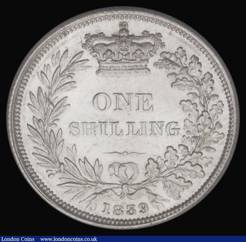 London Coins : A185 : Lot 1790 : Shilling 1839 Second Young Head, No WW, ESC 1283, Bull 2979, a crisp and sharp early strike, fully l...