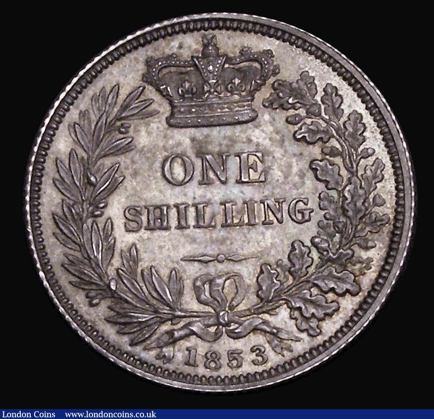 London Coins : A185 : Lot 1792 : Shilling 1853 Proof ESC 1301, Bull 3003, nFDC with attractive and colourful tone exhibiting gold, bl...