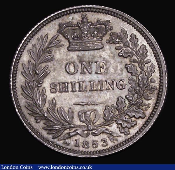 Shilling 1853 Proof ESC 1301, Bull 3003, nFDC with attractive and colourful tone exhibiting gold, blue and cinnamon hues, in an LCGS holder and graded LCGS 91, the 1853 Proof issue extremely sought after, and would enhance the most advanced of Shilling collections : English Coins : Auction 185 : Lot 1792