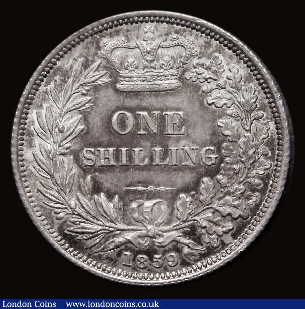 London Coins : A185 : Lot 1794 : Shilling 1859 ESC 1307, Bull 3015, Davies 879 dies 4A, 11 beads from A to A in GRATIA, Choice UNC, t...