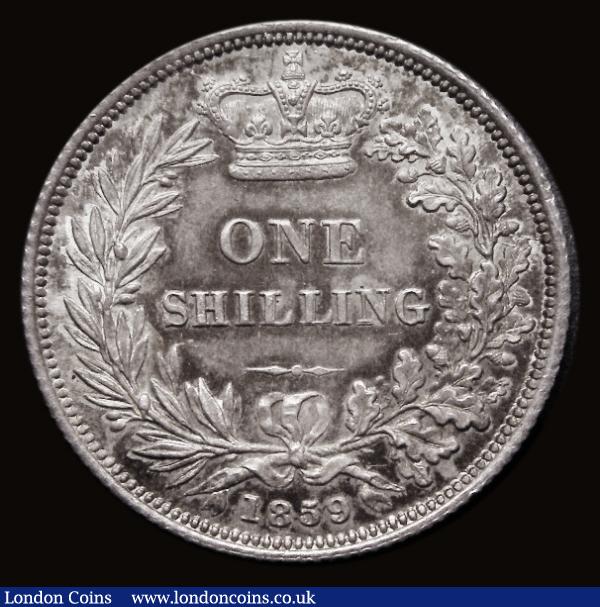 Shilling 1859 ESC 1307, Bull 3015, Davies 879 dies 4A, 11 beads from A to A in GRATIA, Choice UNC, toned over original lustre, the reverse with hues of gold and magenta, in an LCGS holder and graded LCGS 85 : English Coins : Auction 185 : Lot 1794