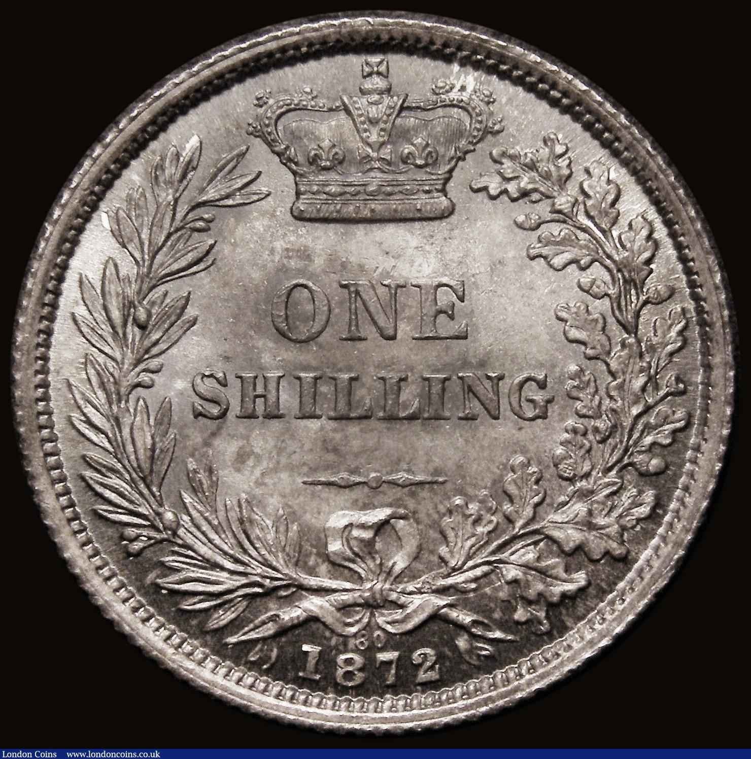 London Coins : A185 : Lot 1798 : Shilling 1872 ESC 1324, Bull 3042, Die Number 80, UNC with choice fields exhibiting gold, blue and m...