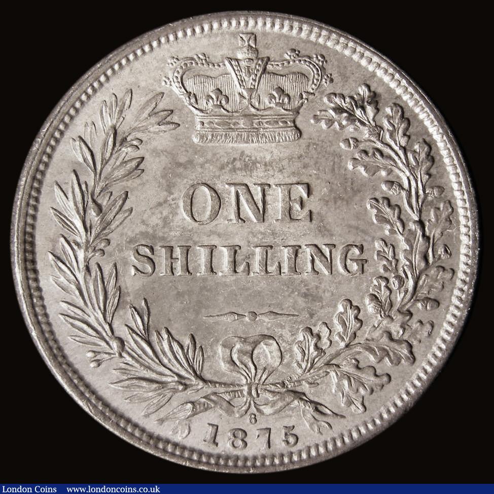 London Coins : A185 : Lot 1799 : Shilling 1875 ESC 1327, Bull 3045, Die Number 6 UNC grey toned with touches of gold in the legends, ...