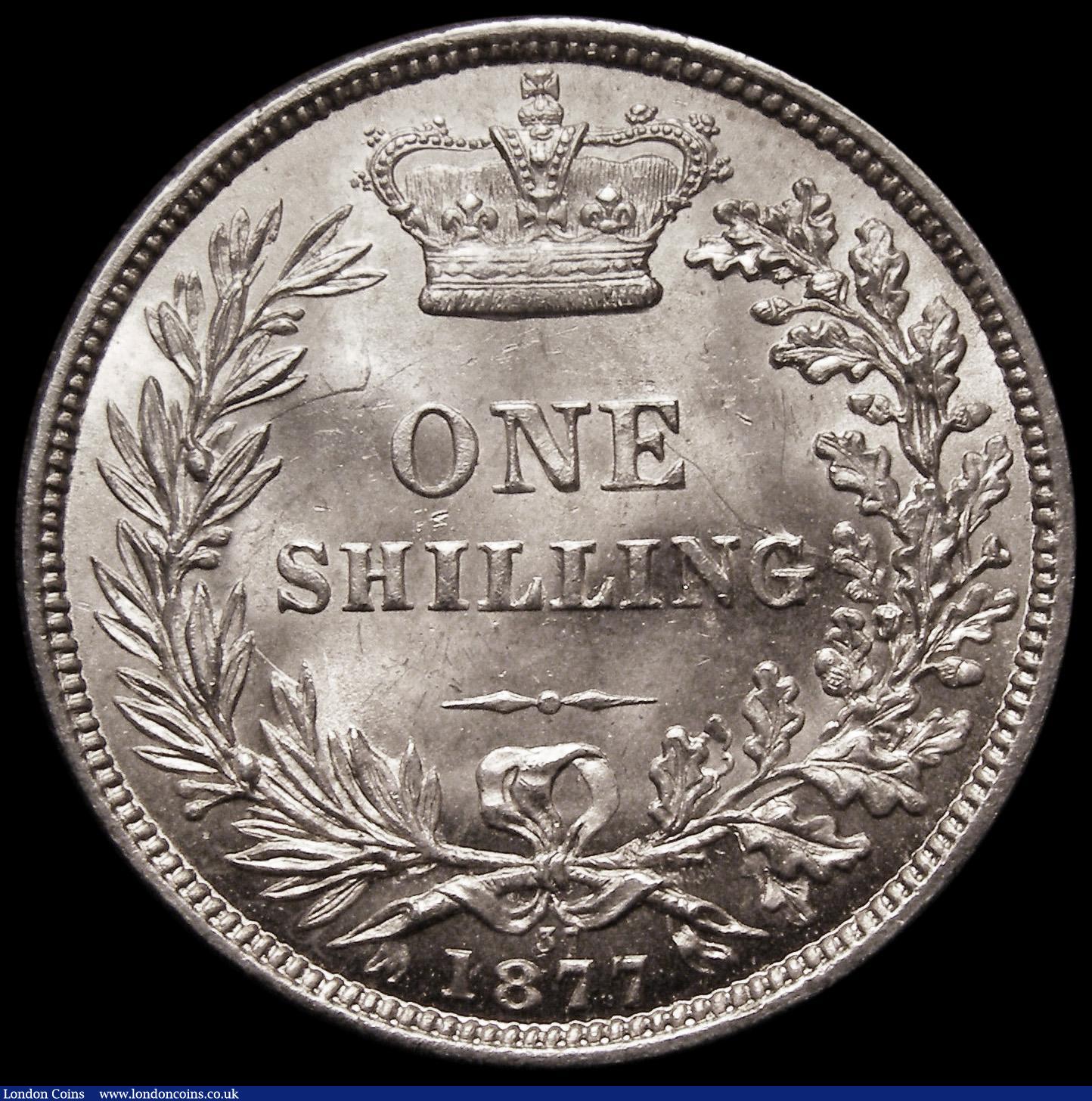 London Coins : A185 : Lot 1800 : Shilling 1877 ESC 1329, Bull 3047, Die Number 37 Choice UNC with practically full mint lustre, the o...