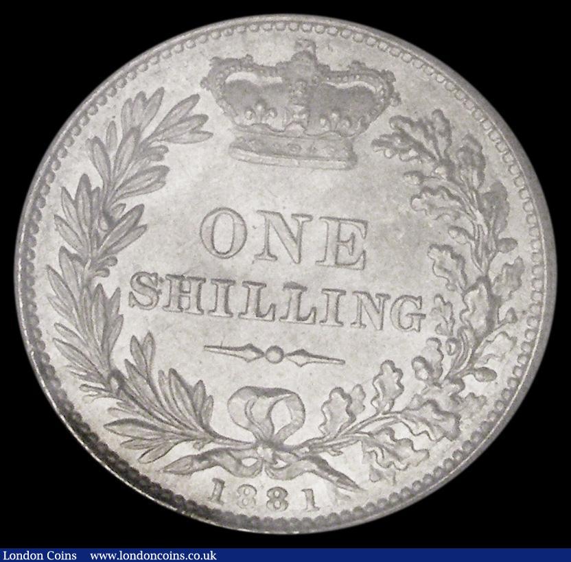 London Coins : A185 : Lot 1801 : Shilling 1881 Longer line below SHILLING, ESC 1338, Bull 3068, Davies 916, dies 7D, UNC and lustrous...