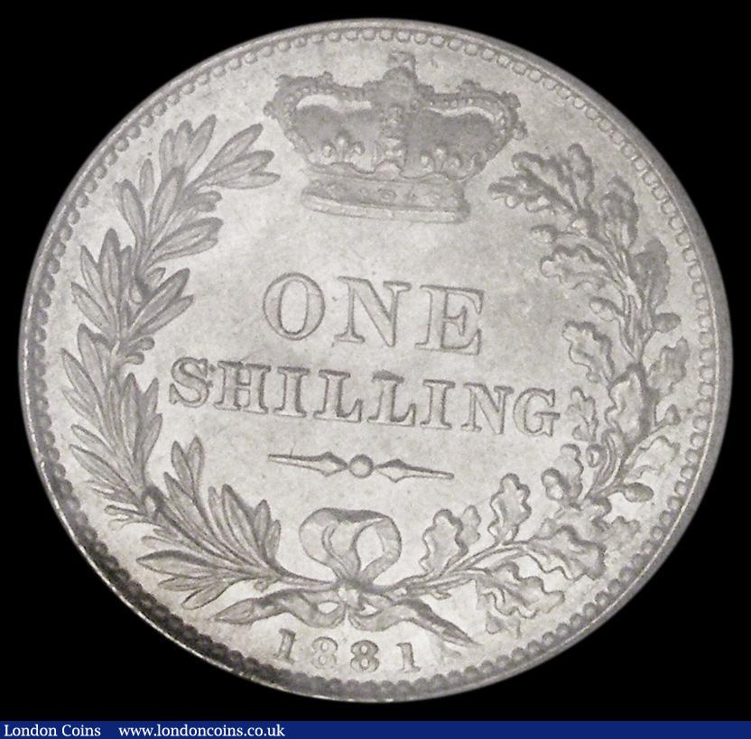 London Coins : A185 : Lot 1801 : Shilling 1881 Longer line below SHILLING, ESC 1338, Bull 3068, Davies 916, dies 7D, UNC and lustrous...