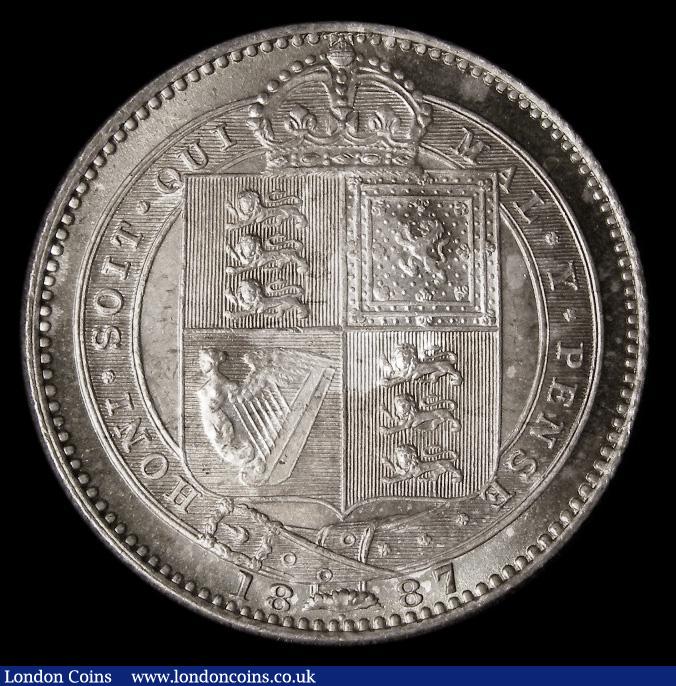 London Coins : A185 : Lot 1804 : Shilling 1887 Jubilee Head ESC 1351, Bull 3137, Davies 982 dies 1C, Choice UNC with gold and olive t...