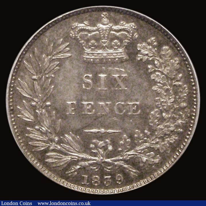 London Coins : A185 : Lot 1818 : Sixpence 1839 Plain Edge Proof, die axis upright, ESC 1685, Bull 3171, nFDC with blue/grey and gold ...