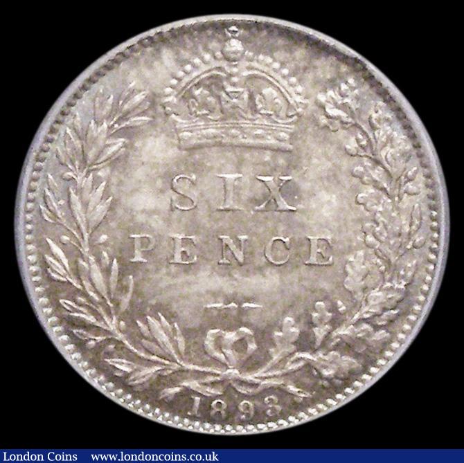 London Coins : A185 : Lot 1838 : Sixpence 1893 Veiled Head ESC 1762, Bull 3285, UNC with a beautiful and colourful tone, exhibiting h...