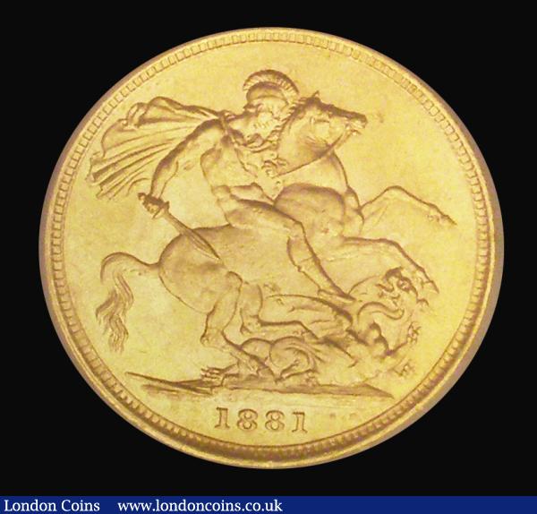 Sovereign 1881M George and the Dragon, Horse with medium tail, Marsh 103, S.3857D, UNC and lustrous, in an LCGS holder and graded LCGS 78 : English Coins : Auction 185 : Lot 1845