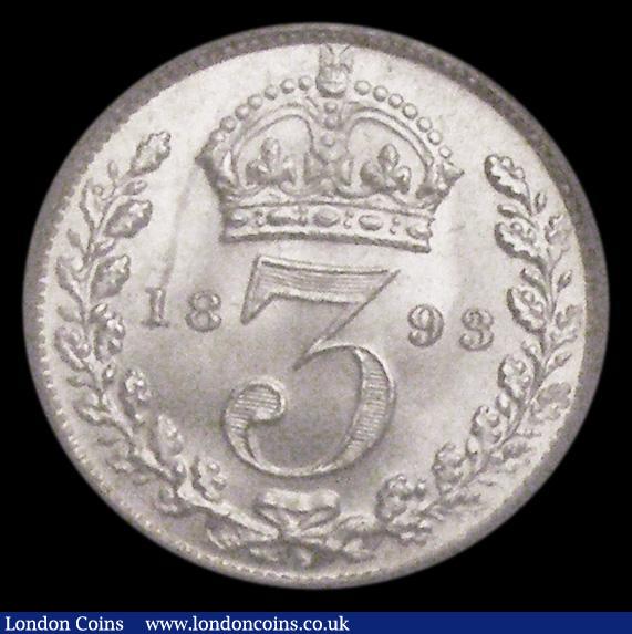 London Coins : A185 : Lot 1856 : Threepence 1893 Veiled Head ESC 2104, Bull 3444, BU with beautiful lustre, in an LCGS holder and gra...