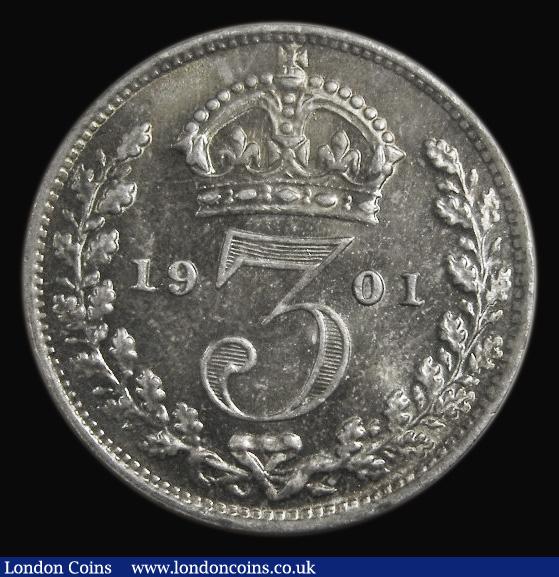 London Coins : A185 : Lot 1857 : Threepence 1901 ESC 2113, Bull 3454 Choice UNC with a deep golden tone with flashes of blue/green an...