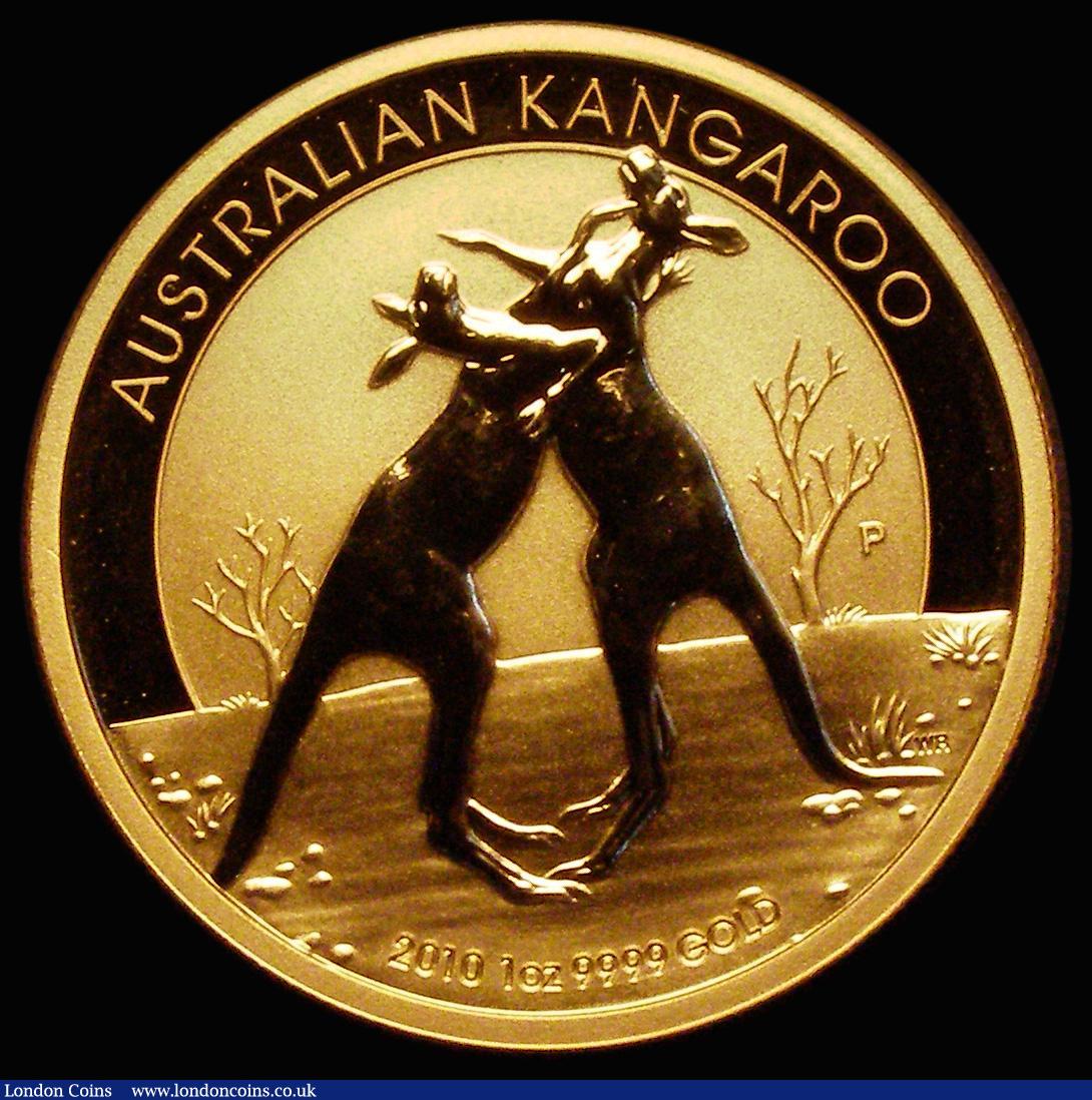 London Coins : A185 : Lot 1862 : Australia $100 Gold Kangaroo 2010P Reverse: Two Kangaroos fighting, KM#1365, Gold One Ounce UNC