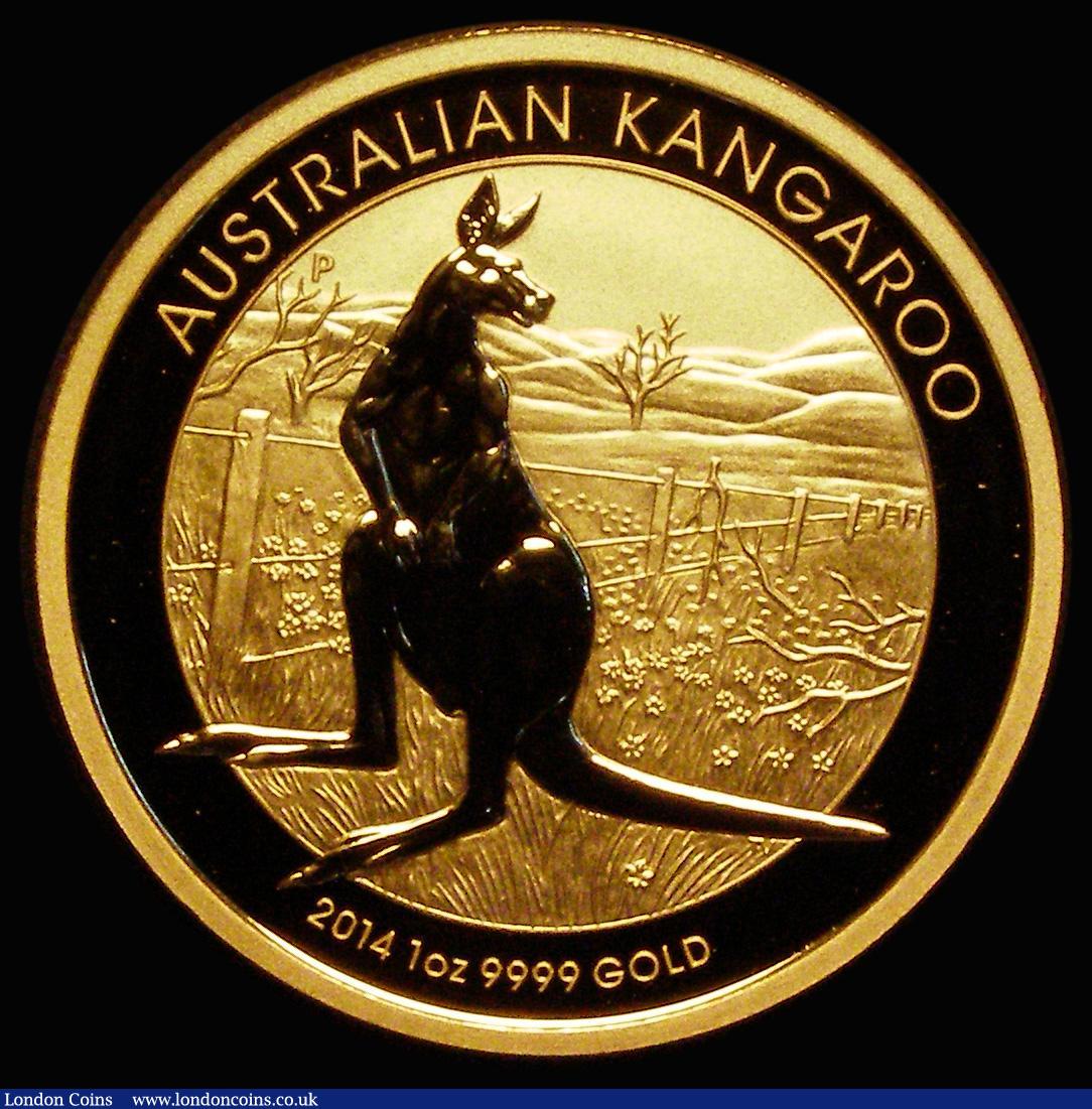 London Coins : A185 : Lot 1866 : Australia $100 Gold Kangaroo 2014P Reverse: Kangaroo facing right, in rural view, fence behind, KM#2...