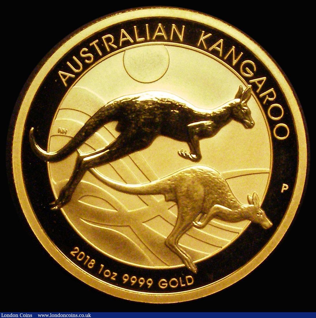 London Coins : A185 : Lot 1870 : Australia $100 Gold Kangaroo 2018P Reverse: Two Kangaroos bounding right, KM#3587, Gold One Ounce, U...