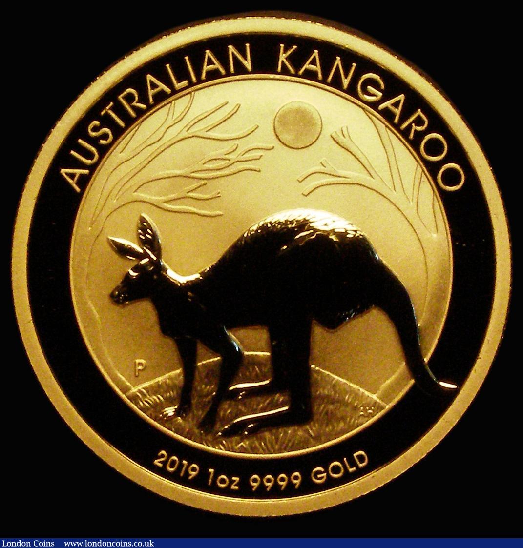 London Coins : A185 : Lot 1871 : Australia $100 Gold Kangaroo 2019P Reverse: Kangaroo left, crouching, with sun and trees behind, Gol...