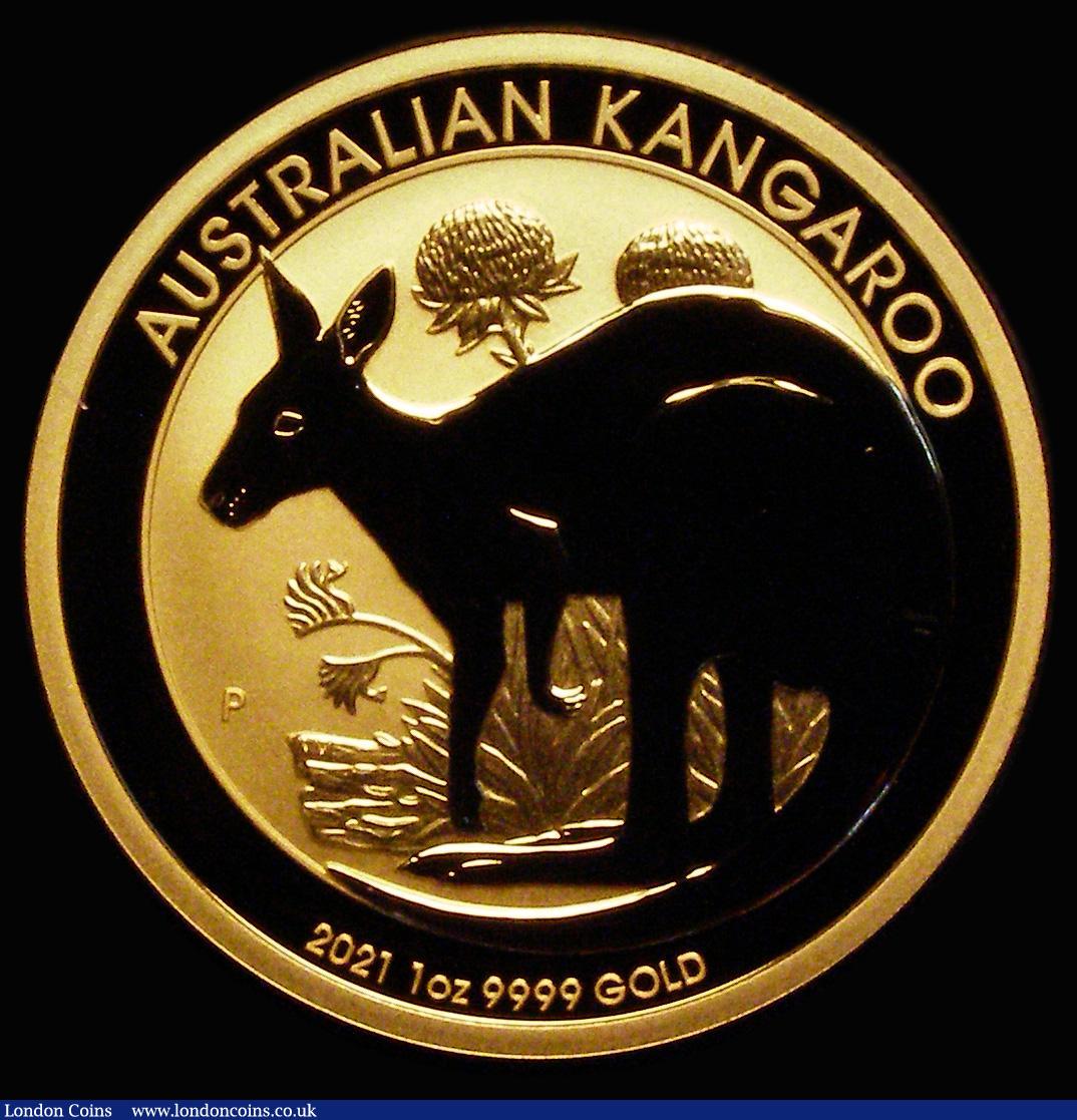 London Coins : A185 : Lot 1873 : Australia $100 Gold Kangaroo 2021P Reverse: Kangaroo facing left among native flowers, Gold One Ounc...