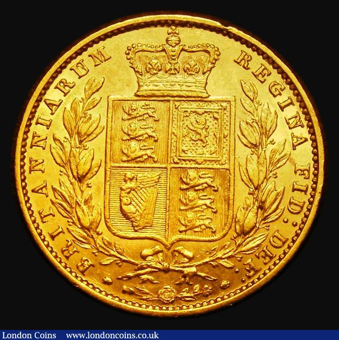 London Coins : A185 : Lot 1897 : Sovereign 1858 U over N in BRITANNIARUM, a most unusual overstrike with the diagonal bar and both lo...