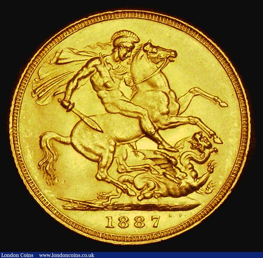 London Coins : A185 : Lot 1975 : Sovereign 1887 Jubilee Head, First obverse, with G: of D:G: further from the crown, Marsh 125D, S.38...