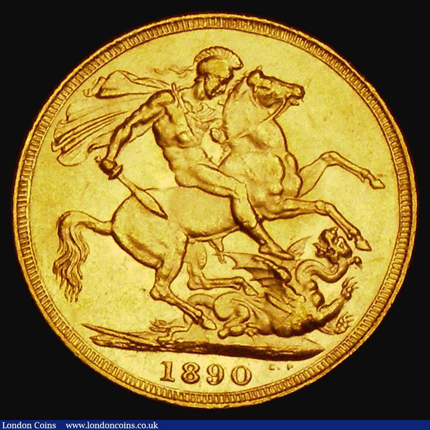 London Coins : A185 : Lot 1990 : Sovereign 1890 G: of D:G: closer to the crown, Marsh 128A, S.3866B, DISH L13, A/UNC and lustrous, a ...