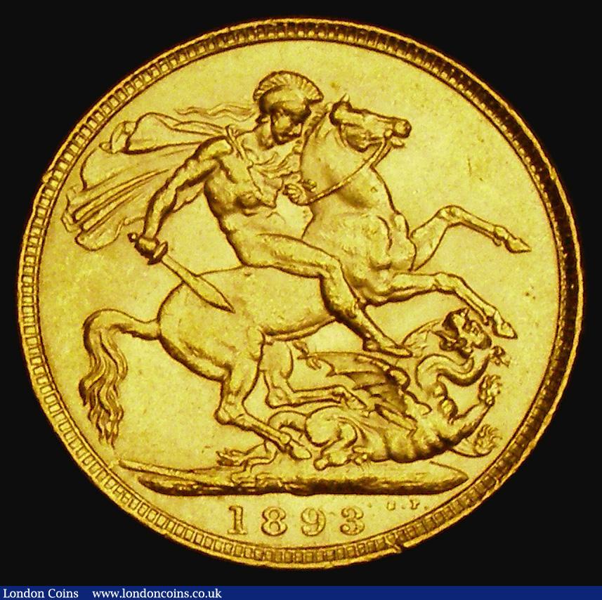 London Coins : A185 : Lot 1999 : Sovereign 1893 Veiled Head Marsh 145, S.3874, GEF and lustrous with some contact marks