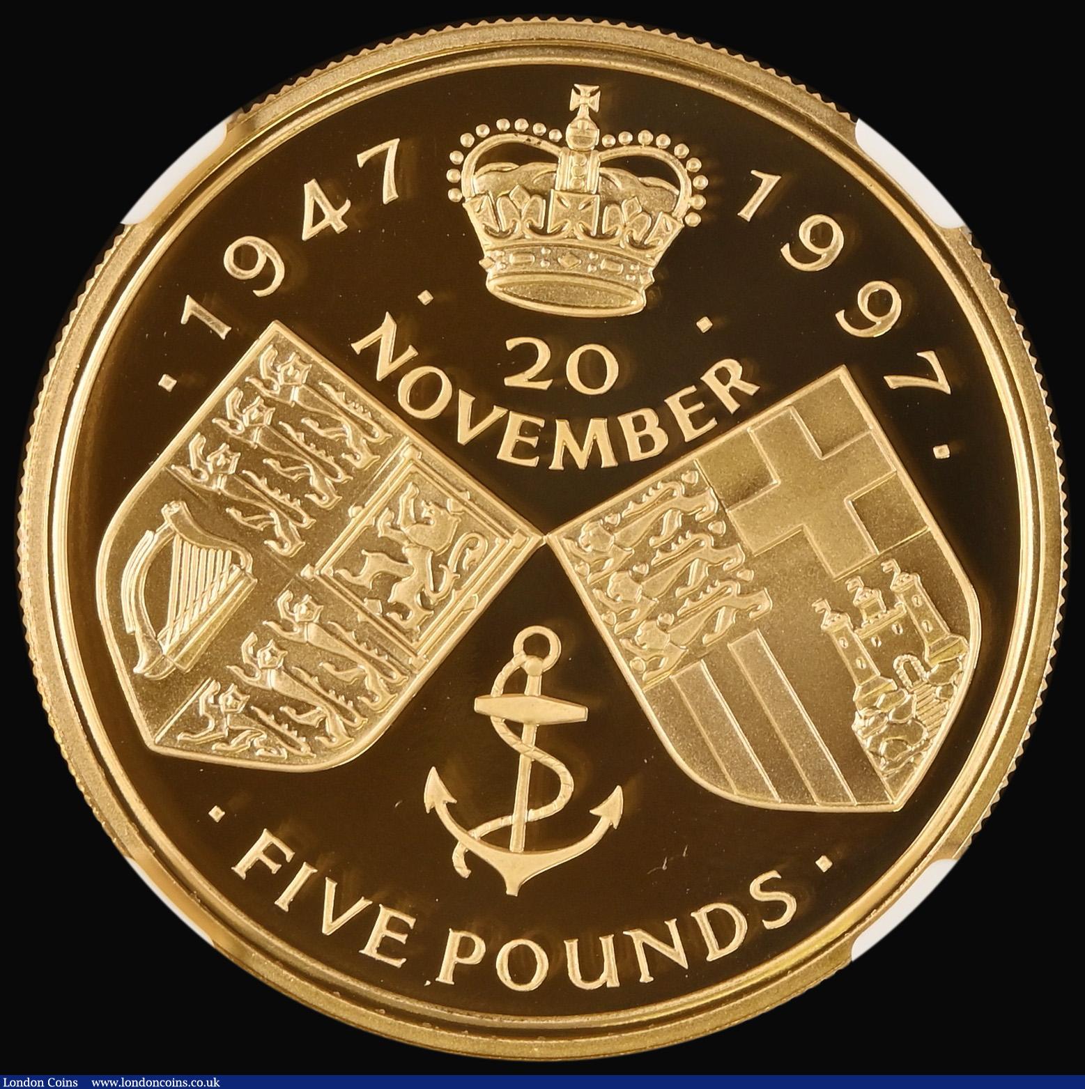 London Coins : A185 : Lot 2344 : Five Pound Crown 1997 Queen Elizabeth II and Prince Philip Golden Wedding Gold Proof, S.L4, in an NG...