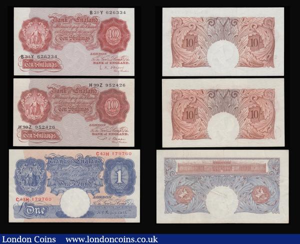 Ten Shillings Beale B266 prefix H99Z and O'Brien B271 prefix B31Y these EF-AU. One Pound Peppiatt Blue C43H prefix EF, Peppiatt green prefix C71B GVF, Beale (3) 1950 B268 GVF-AU, O'Brien B273 1955 (2) AU-Unc : English Banknotes : Auction 185 : Lot 235