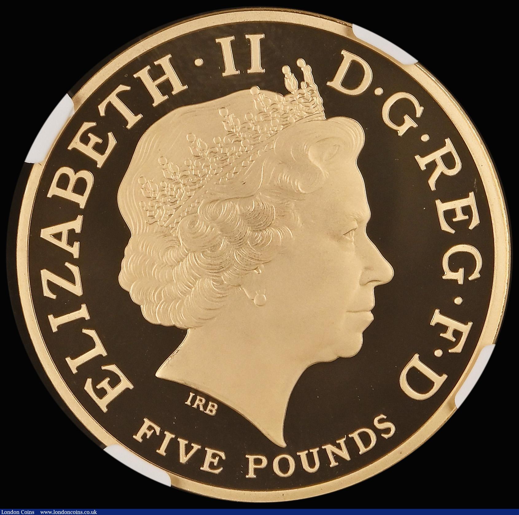 London Coins : A185 : Lot 2350 : Five Pound Crown 2008 Prince Charles 60th Birthday Gold Proof S.L19, in an NGC holder and graded PF6...