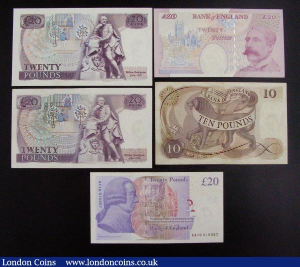 Bank of England (5) being £85 face Ten Pounds Fforde 1964 Lion and Key A70 prefix. Twenty Pounds Shakespeare (2) Page and Somerset. Twenty Pounds Bailey (2) Darwin and Adam Smith reverses VF-AU : English Banknotes : Auction 185 : Lot 258