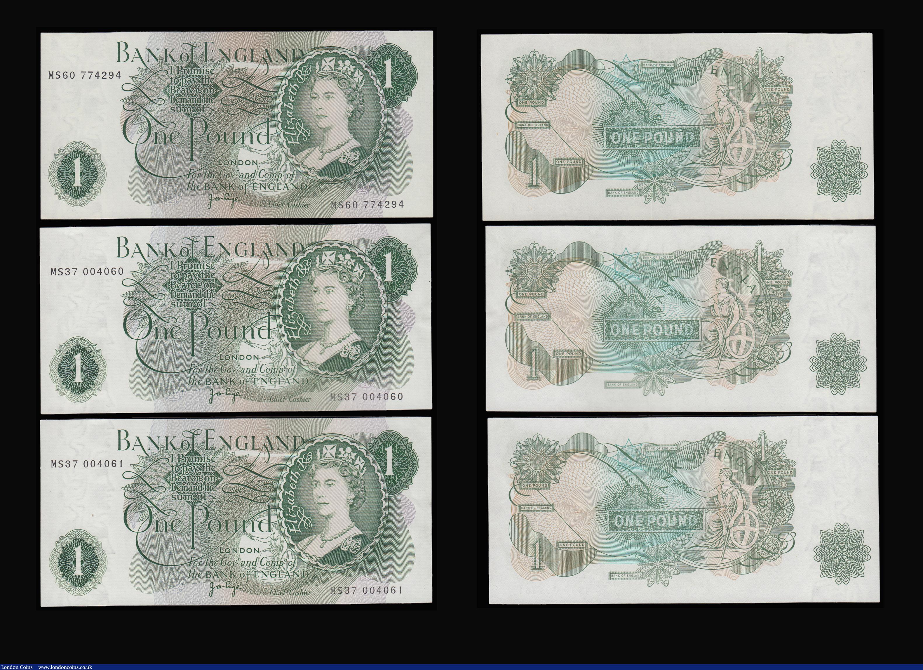 London Coins : A185 : Lot 267 : One Pound Page B323 issued 1970 consecutive number replacements (6) MS37 004060 and 4061, MS60 77429...