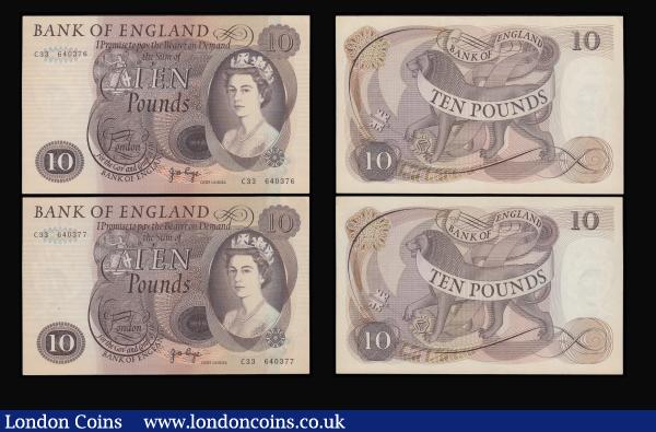 Ten Pounds Page Lion and Key 1971 B326 (4 consecutives) C33 640374-77 AU-Unc : English Banknotes : Auction 185 : Lot 274