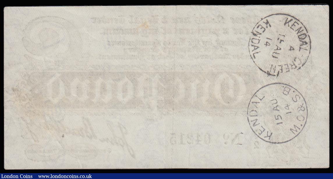 London Coins : A185 : Lot 3 : One Pound Bradbury T3.2 issued 1914 series Q/2 04215, pleasant Good VF two banker's stamps on t...