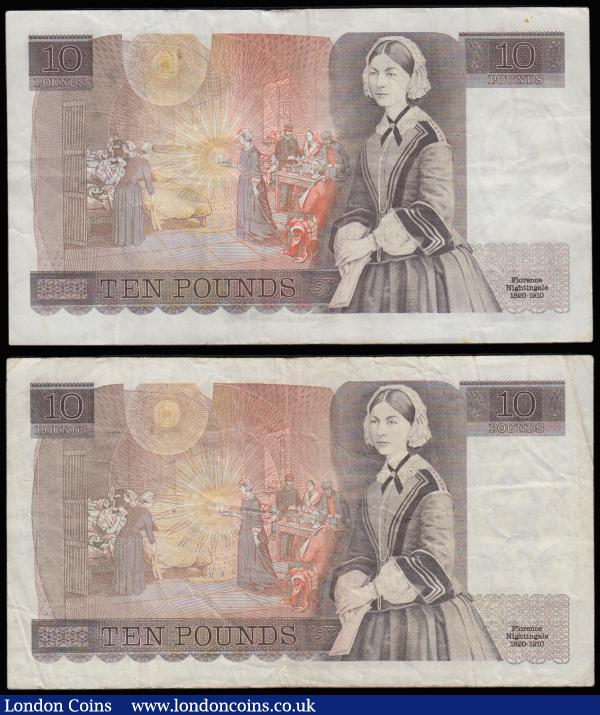 Ten Pounds Somerset QE2 pictorial & Florence Nightingale, B347 Brown issue 1980 very FIRST RUN (2) serial 01A 783343 and 832176 both Fine with pinholes a scarce and seldom offered note : English Banknotes : Auction 185 : Lot 308