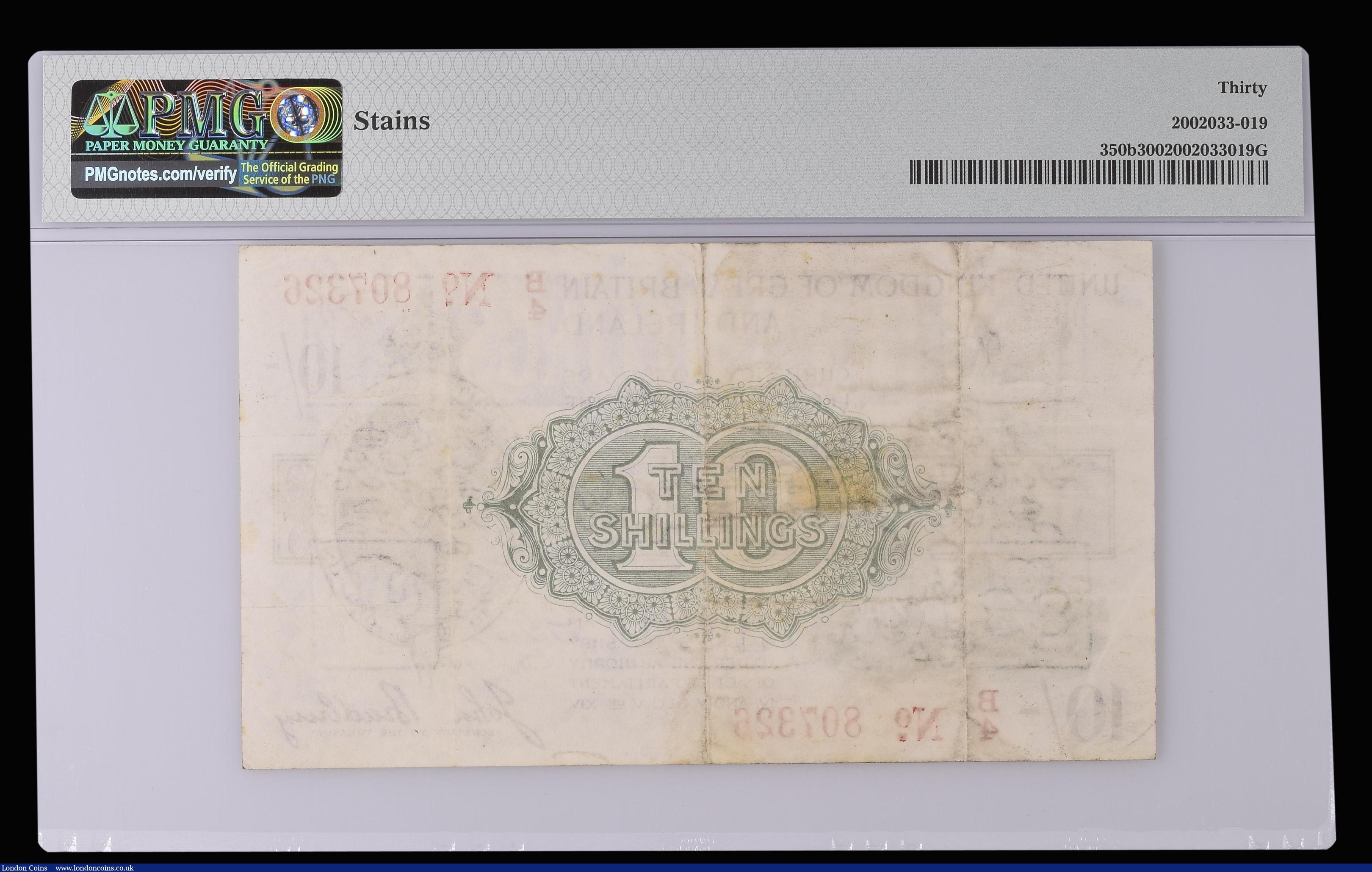 London Coins : A185 : Lot 36 : Ten Shillings Bradbury Third Issue T20 Red Dash in No. in serial number, 16th December 1918 serial n...
