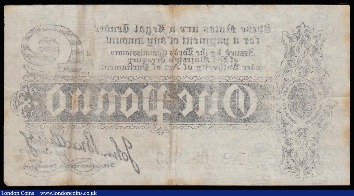 London Coins : A185 : Lot 4 : One Pound Bradbury T3.3 Black Six digit serial issue 1914 series E/1 081833 Fine