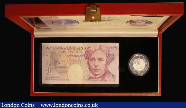 Coin and Banknote Set 1999 Millennium comprising Twenty Pounds Kentfield YR19 991158 UNC and Five Pound Crown 1999 Millennium Silver Proof nFDC with a tone spot on the obverse, Debden Set C140, in the Bank of England/Royal Mint box of issue with certificate (298 sets were sold) : English Banknotes : Auction 185 : Lot 453