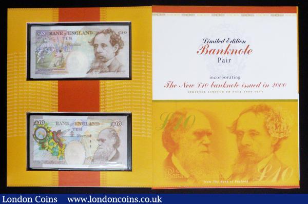 Bank of England Ten Pounds Lowther pair,  limited edition presentation pack C157, year 2000 Last Dickens & first Darwin issues, serial numbers LA80 999154 & AA01 999154, UNC in the Bank of England wallet of issue : English Banknotes : Auction 185 : Lot 456
