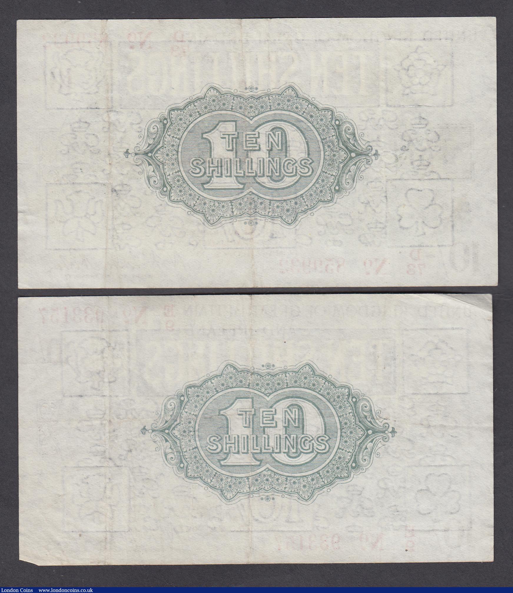 London Coins : A185 : Lot 46 : Ten Shillings 1919 Red, Dash T26 (2) first series D/73 and E/9 both about VF