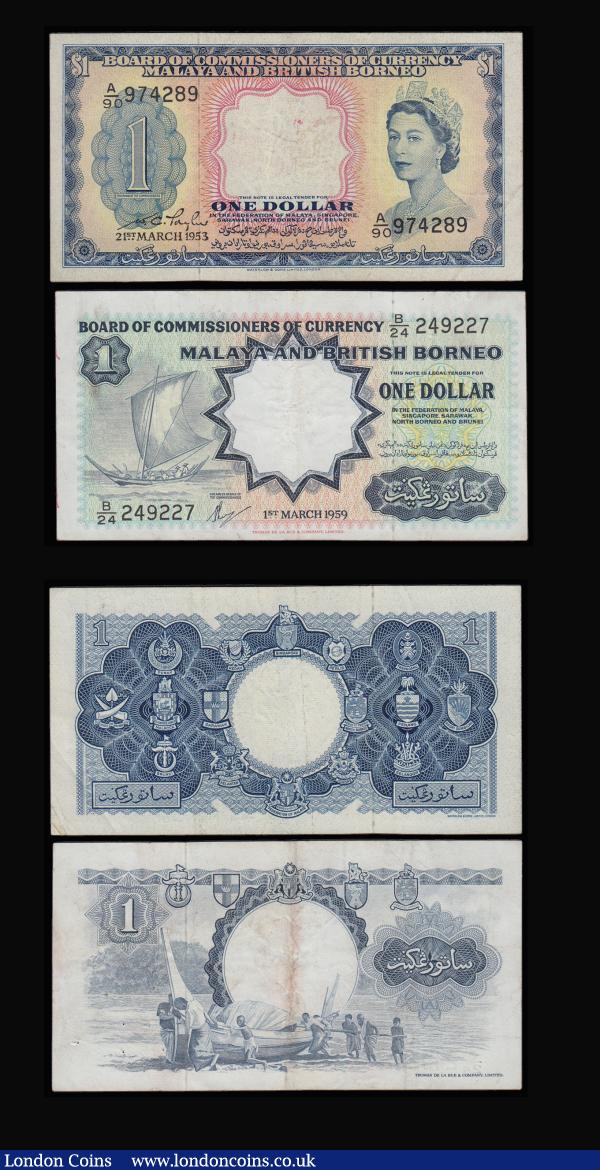 Bahamas 4 Shillings George VI at right Pick 9b PMG Very Fine 20 with typed greetings front and back. Malaya and British Borneo 1 Dollar (2) 21 March 1953 better then Fine and 1 March 1959 VF some dirt reverse : World Banknotes : Auction 185 : Lot 464