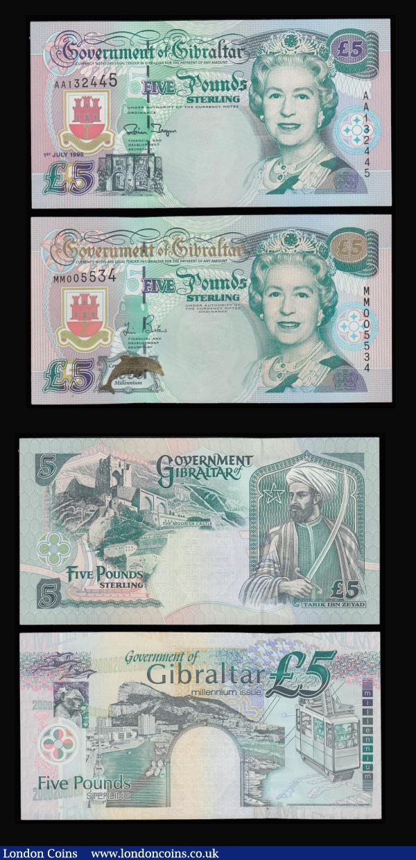 Gibraltar (5) 1.7.1995 10 Pounds and 5 Pounds both AA prefix, 5 Pounds Millennium Pick 29, 10 Pounds 10.9.2002 and 20 Pounds 4.8.2004 all Unc : World Banknotes : Auction 185 : Lot 489