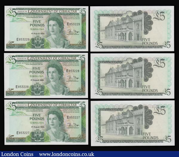 Gibraltar 5 Pounds 4 August 1988 Pick 21 (3) consecutive numbers Unc and 5 Pounds 2000 Pick 29 (3) consecutive numbers Unc : World Banknotes : Auction 185 : Lot 492