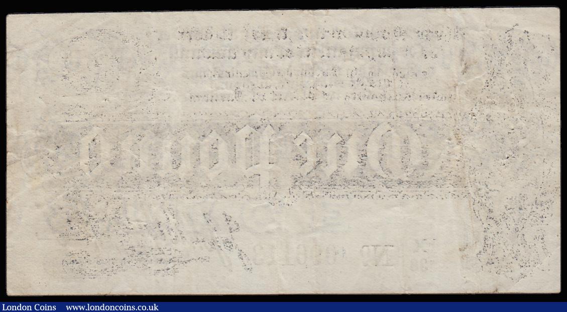 London Coins : A185 : Lot 5 : One Pound Bradbury T3.3 Black Six digit serial issue 1914 series X/38 096113 VF with pinholes