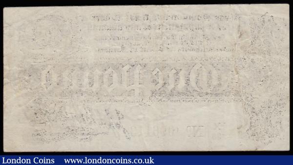 One Pound Bradbury T3.3 Black Six digit serial issue 1914 series X/38 096113 VF with pinholes : English Banknotes : Auction 185 : Lot 5