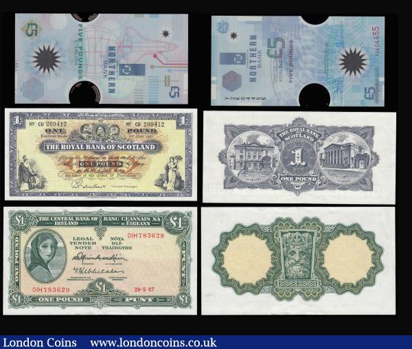 Ireland 1 Pound 29.5.67 AU (centre fold), Isle of Man (2) 1 Pound signed Shimmin AA180076 and 5 Pounds signed Couch Pick 48 both Unc, Northern Ireland Northern Bank 5 Pounds 1.1.2000 polymer Unc, Scotland Bank of Scotland 1 Pound 4.11.1980 Unc, Royal Bank One Pounds 1.6.1967 AU 24.1.1996, 1.10.1997 (2), 10.3.1999 and 1.10.2201 these Unc : World Banknotes : Auction 185 : Lot 505