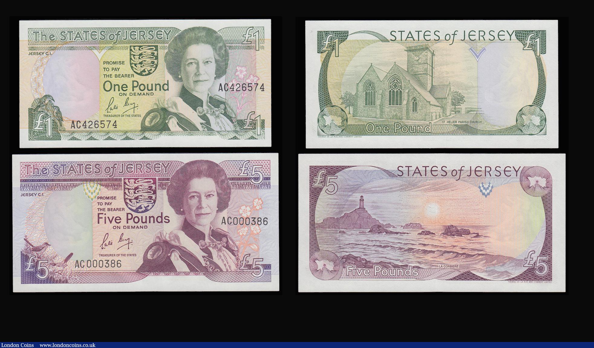 London Coins : A185 : Lot 513 : Jersey (4) 1 Pound signed May 1976 Pick 11b and Baird 1993 Pick 20 along with Leslie May 1 and 5 Pou...