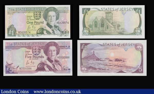 Jersey (4) 1 Pound signed May 1976 Pick 11b and Baird 1993 Pick 20 along with Leslie May 1 and 5 Pounds (AC 000386) 1989 Pick 15 and 16 all Unc  : World Banknotes : Auction 185 : Lot 513