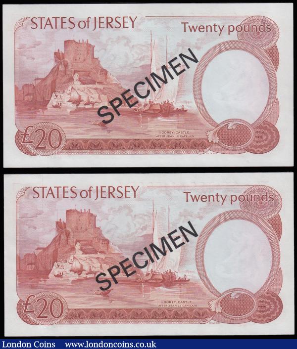 Jersey 20 Pounds 1977 Signed May Young QE II right centre SPECIMENS (2) AB 000000 and AC 000000 Pick 14bs Unc : World Banknotes : Auction 185 : Lot 520